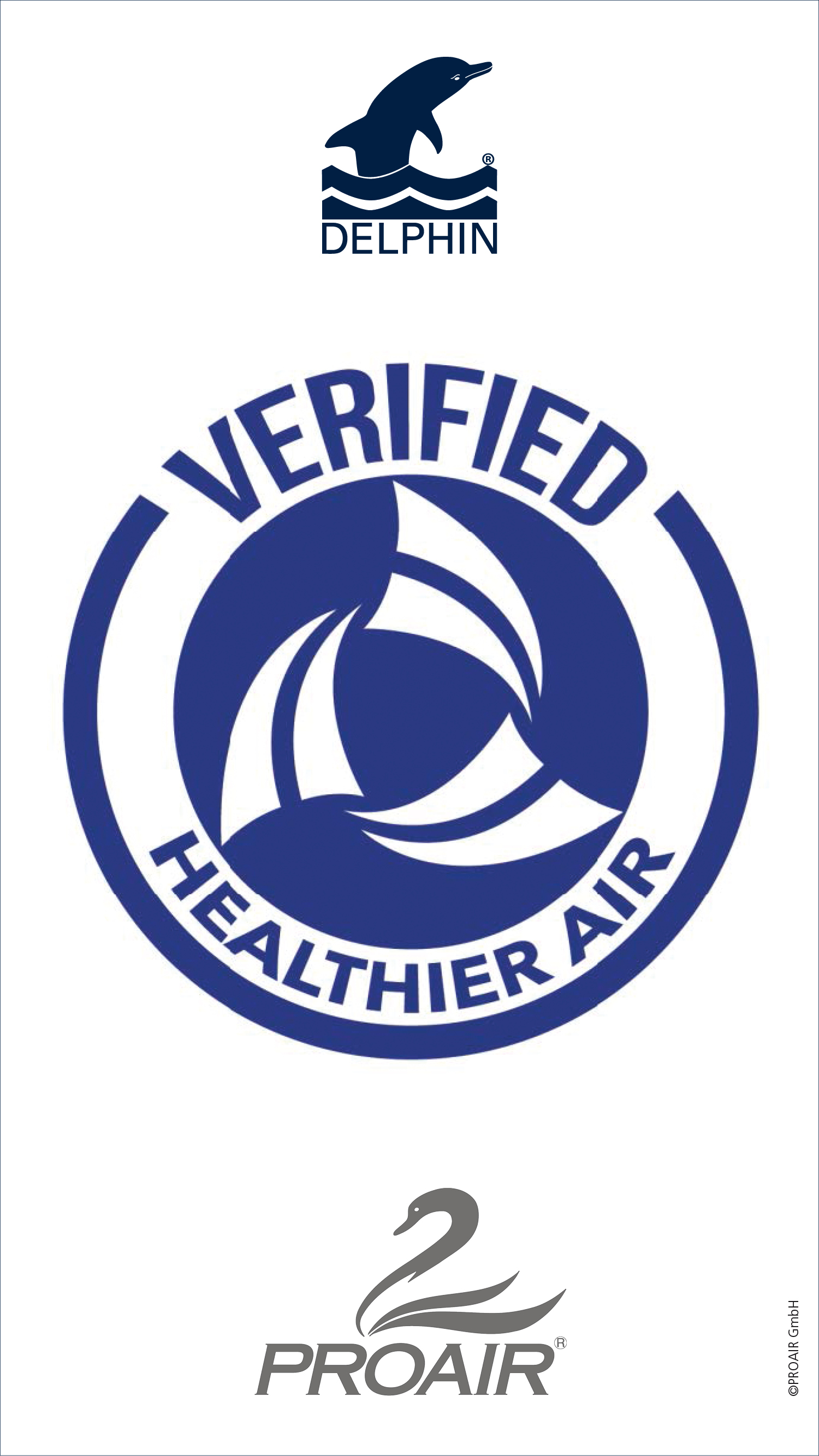 Oznaka Verified Healthier Air uz logotipe DELPHIN i PROAIR